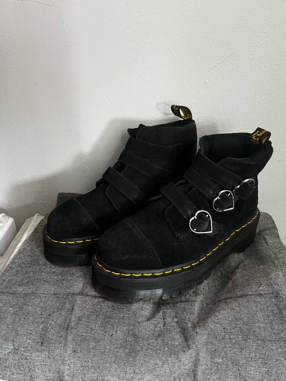 Dr Martens x Lazy Oaf collab Black Suede Platform Ankle Boots with Heart Buckles